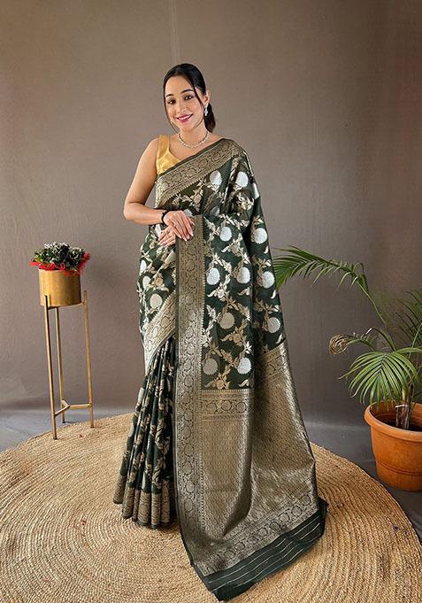 Green Woven Linen Cotton Saree Set