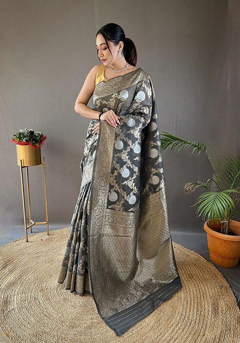 Grey Woven Linen Cotton Saree Set