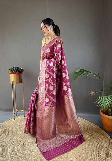 Pink Woven Linen Cotton Saree Set