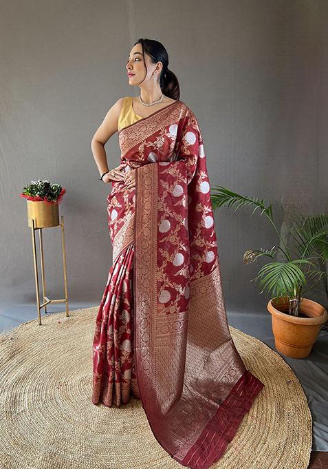 Red Woven Linen Cotton Saree Set