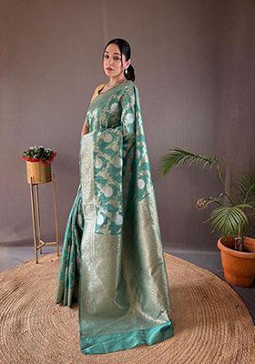 Teal Blue Woven Linen Cotton Saree Set