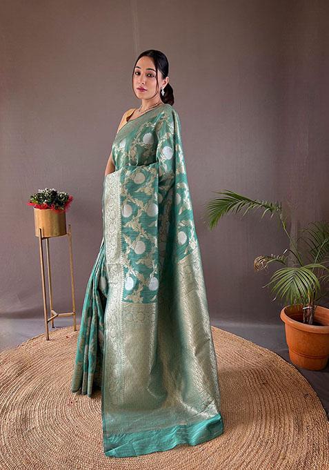 Teal Blue Woven Linen Cotton Saree Set