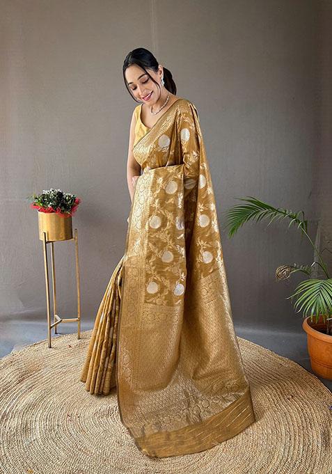 Yellow Woven Linen Cotton Saree Set