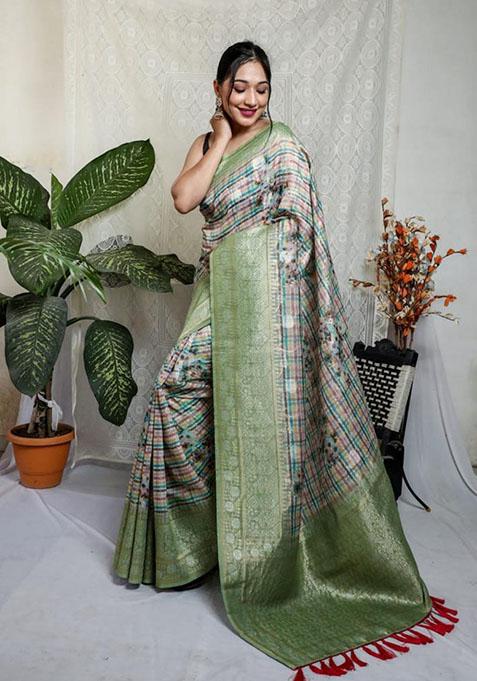 Green Floral Mushroom Silk Saree Set