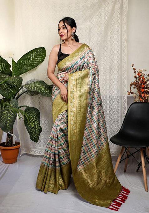 Mehendi Green Floral Mushroom Silk Saree Set