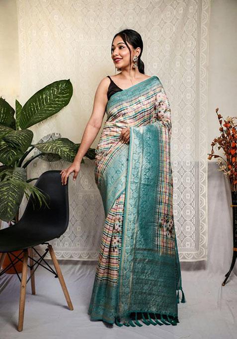 Teal Blue Floral Mushroom Silk Saree Set