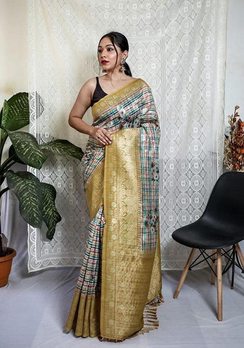 Yellow Floral Mushroom Silk Saree Set