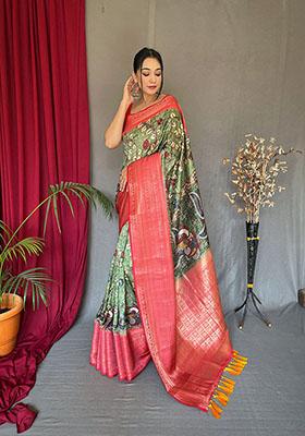 Green Kalamkari Printed Kanchipuram Silk Saree Set