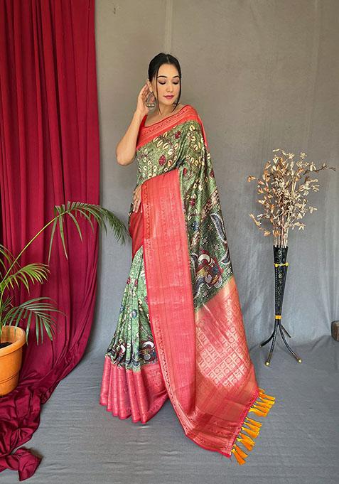 Green Kalamkari Printed Kanchipuram Silk Saree Set