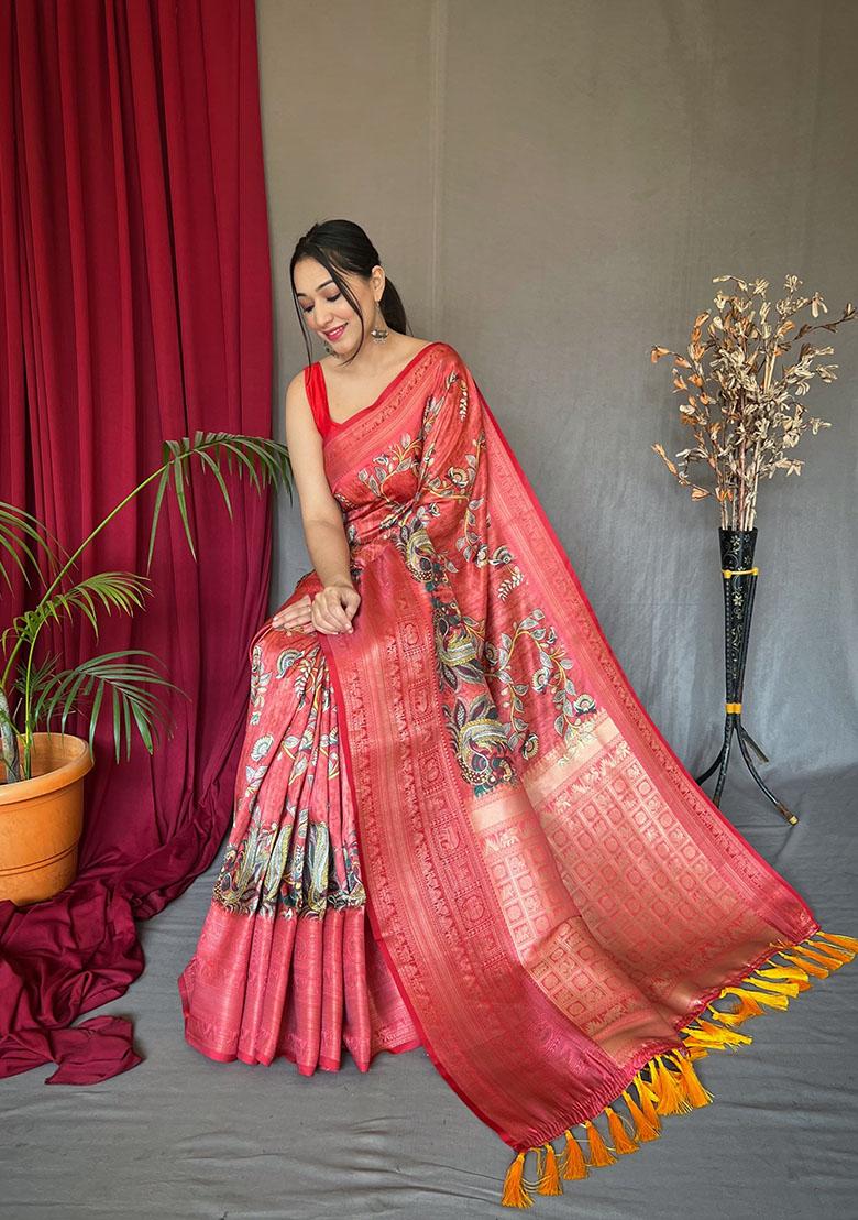 Red Kalamkari Printed Kanchipuram Silk Saree Set