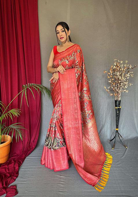 Red Kalamkari Printed Kanchipuram Silk Saree Set