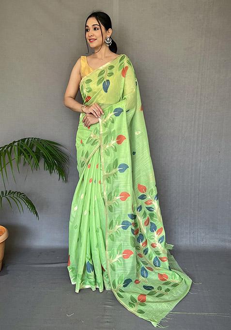 Green Woven Linen Cotton Saree Set