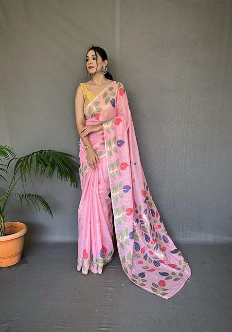 Pink Woven Linen Cotton Saree Set