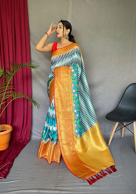 Blue Kalamkari Printed Kanchipuram Silk Saree Set