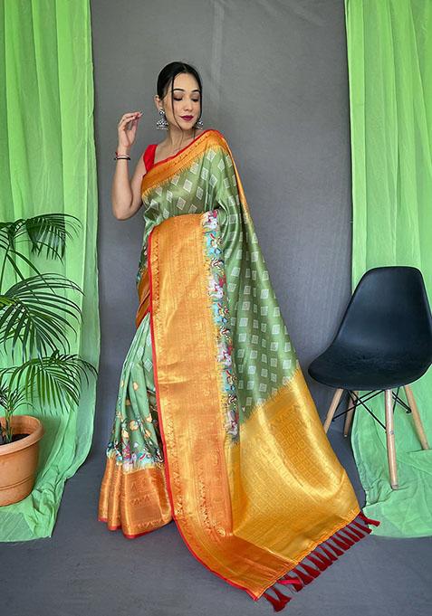 Green Kalamkari Printed Kanchipuram Silk Saree Set