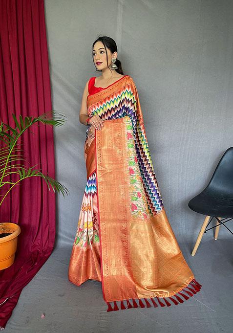 Peach Kalamkari Printed Kanchipuram Silk Saree Set