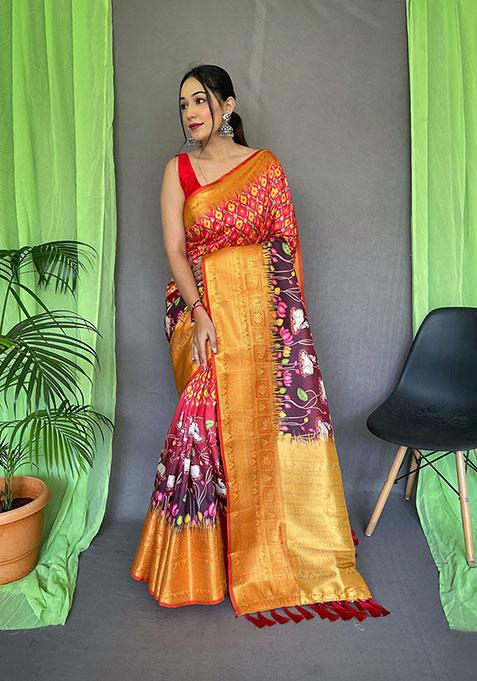 Red Kalamkari Printed Kanchipuram Silk Saree Set