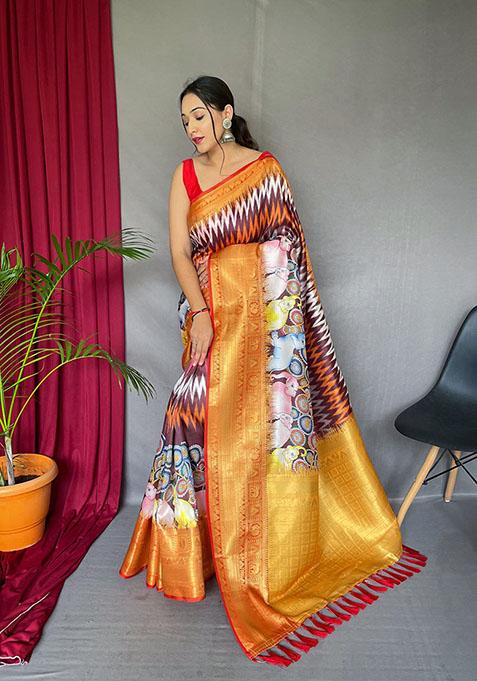 Wine Kalamkari Printed Kanchipuram Silk Saree Set