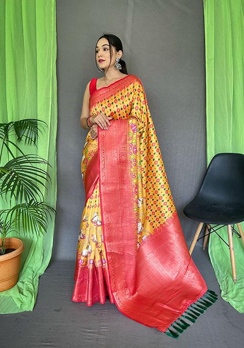 Yellow Kalamkari Printed Kanchipuram Silk Saree Set