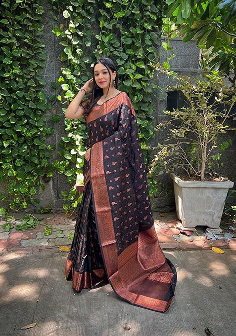 Black Woven Soft Silk Saree Set