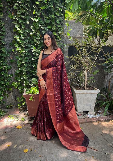 Red Woven Soft Silk Saree Set