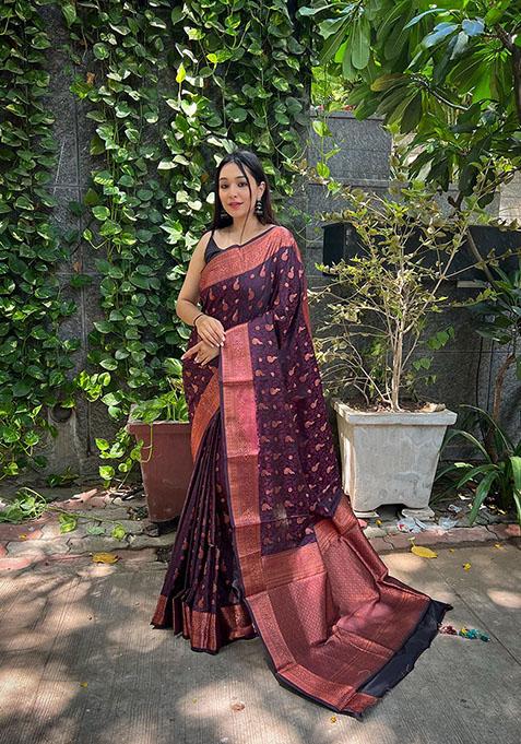 Wine Woven Soft Silk Saree Set