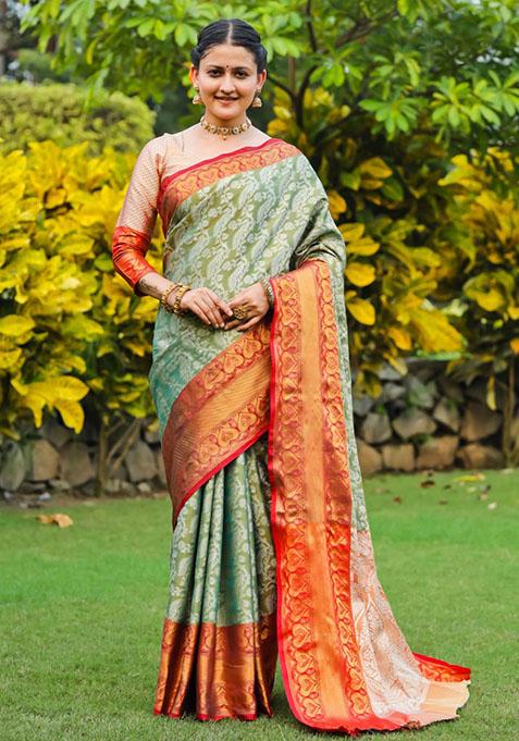 Green Zari Woven Silk Blend Saree Set