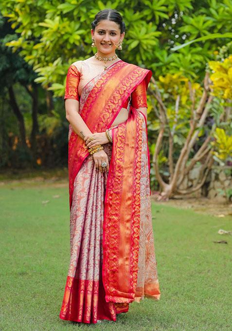 Pink Zari Woven Silk Blend Saree Set