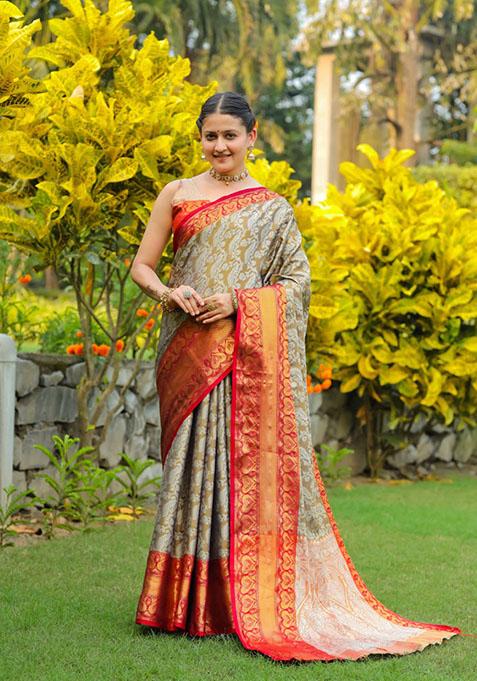 Golden Zari Woven Silk Blend Saree Set