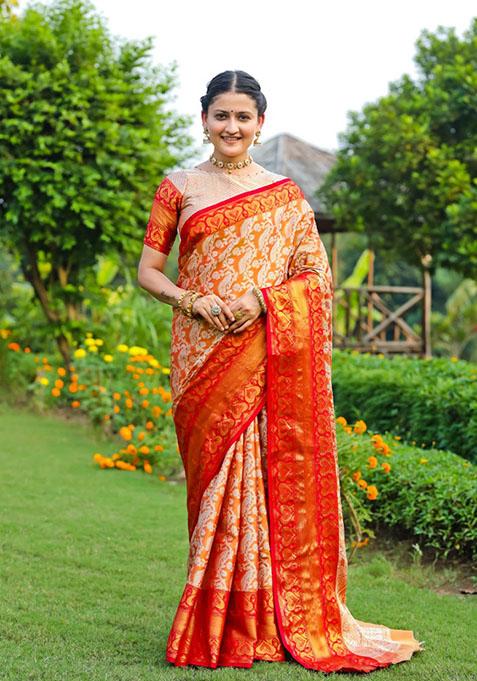 Mustard Zari Woven Silk Blend Saree Set