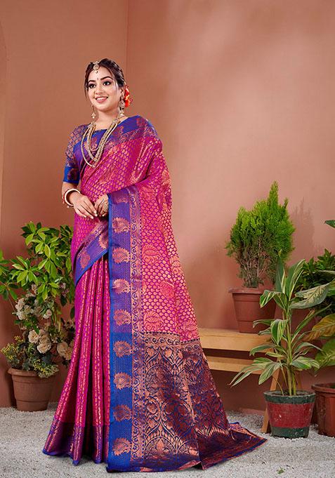 Pink Zari Woven Silk Blend Saree Set