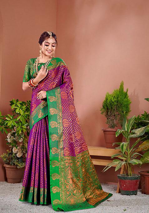 Wine Zari Woven Silk Blend Saree Set