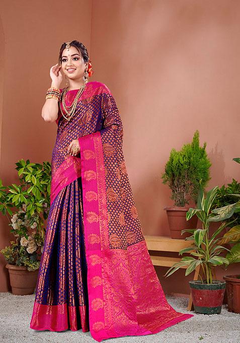 Navy Blue Zari Woven Silk Blend Saree Set