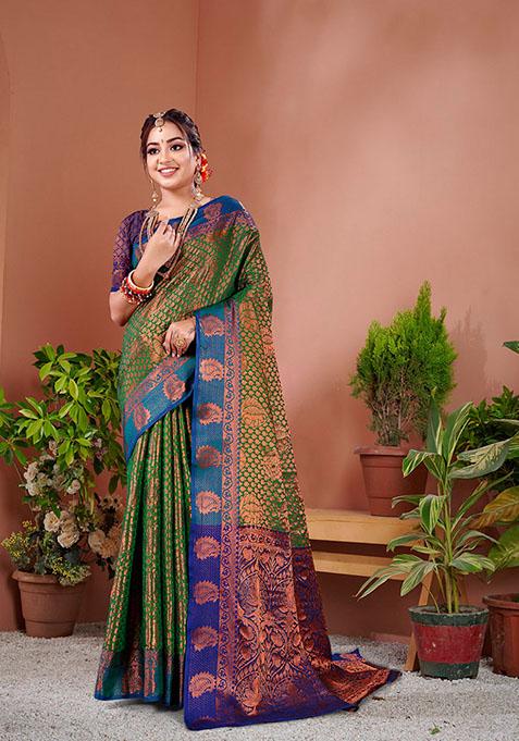 Green Zari Woven Silk Blend Saree Set