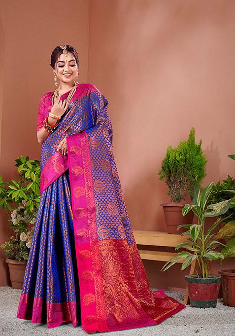 Royal Blue Zari Woven Silk Blend Saree Set