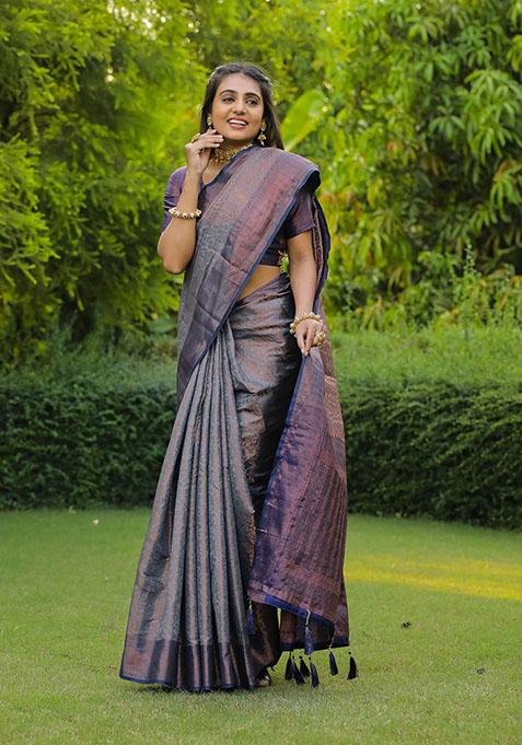 Grey Zari Woven Soft Silk Saree Set