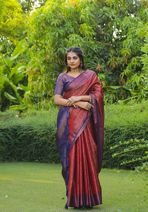 Maroon Zari Woven Soft Silk Saree Set