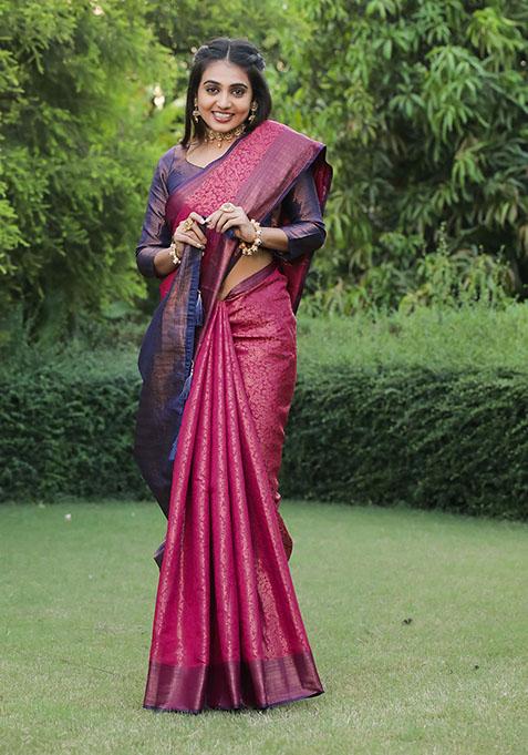 Pink Zari Woven Soft Silk Saree Set