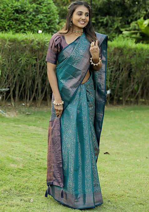 Rama Blue Zari Woven Soft Silk Saree Set