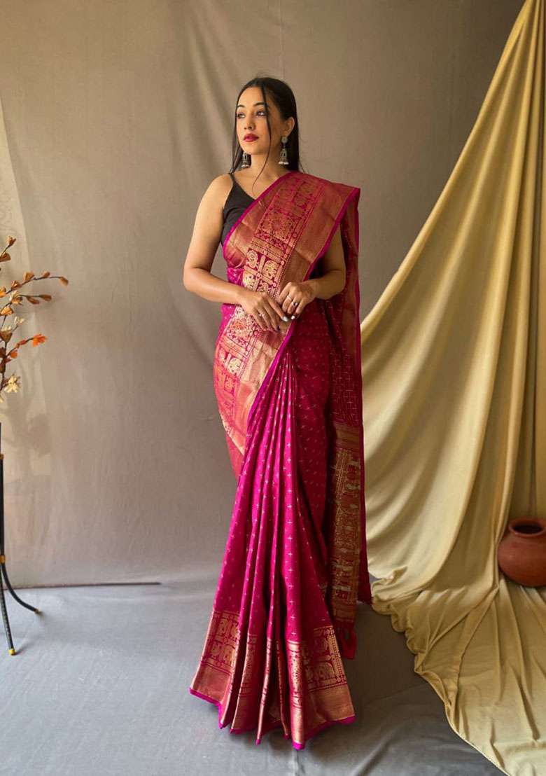 Pink Zari Woven Silk Saree Set for Diwali | Wedding & Festive Wear - Indya