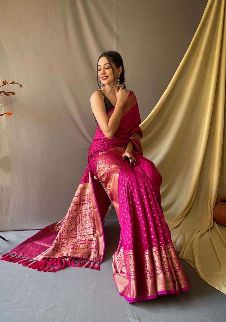 Pink Zari Woven Silk Saree Set for Diwali | Wedding & Festive Wear - Indya