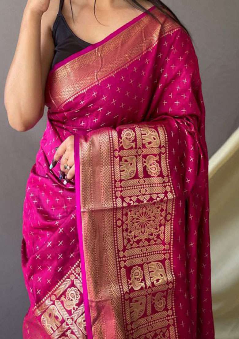 Pink Zari Woven Silk Saree Set for Diwali | Wedding & Festive Wear - Indya