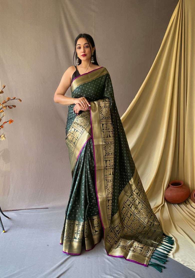 Green Zari Woven Silk Saree Set for Diwali and Festive Wear - Indya