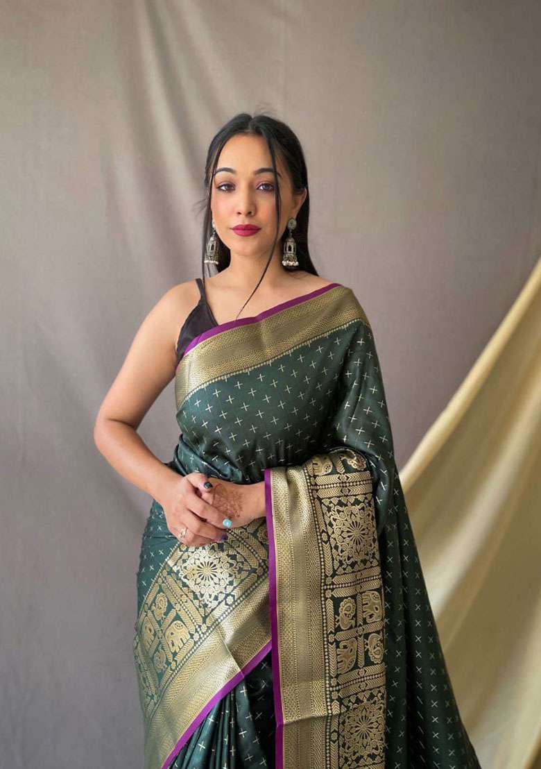 Green Zari Woven Silk Saree Set for Diwali and Festive Wear - Indya