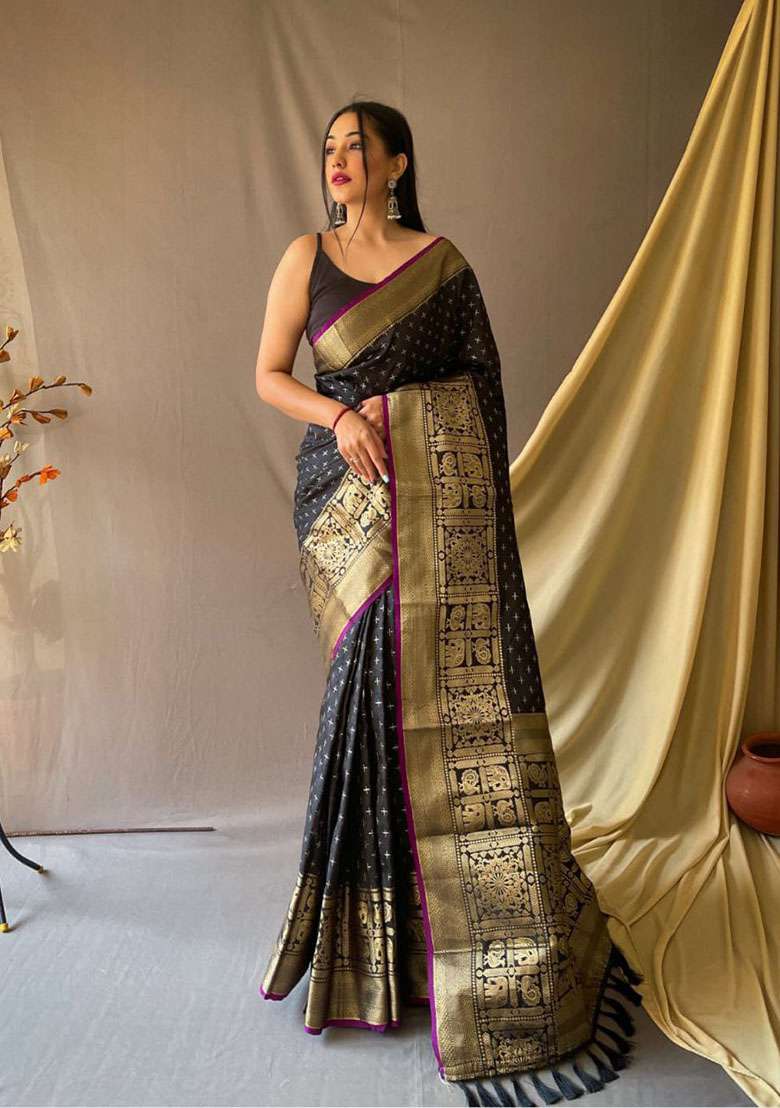 Navy Blue Zari Woven Silk Saree Set for Diwali | Wedding & Festive Wear - Indya