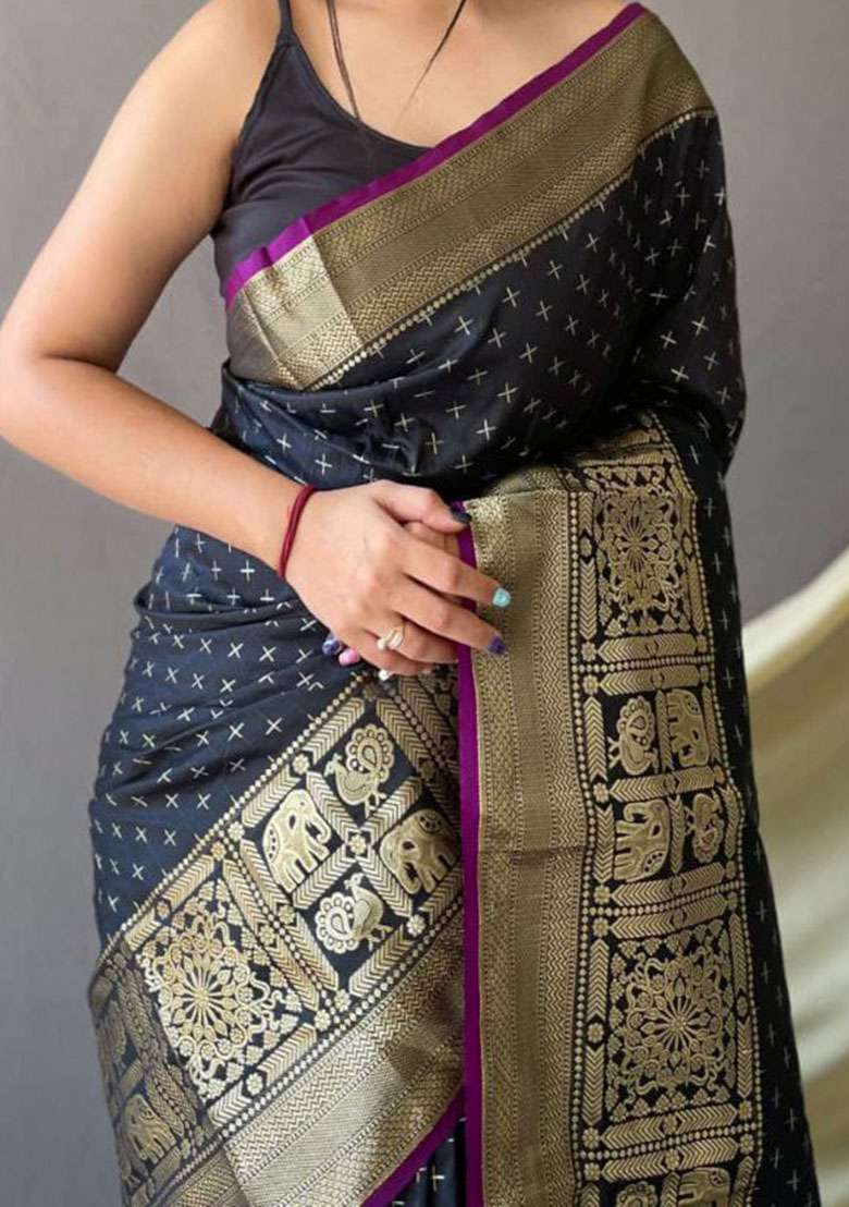 Navy Blue Zari Woven Silk Saree Set for Diwali | Wedding & Festive Wear - Indya