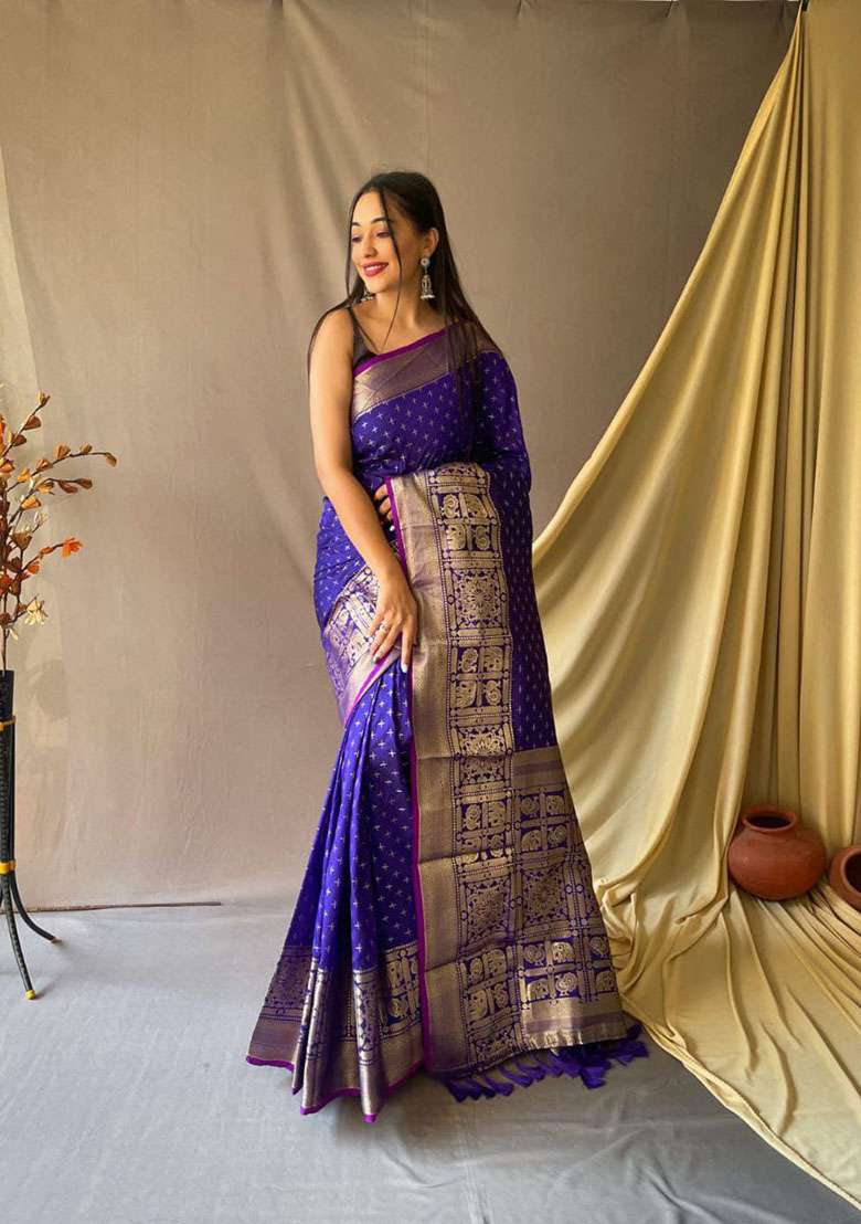 Blue Zari Woven Silk Saree Set for Diwali | Wedding & Festive Wear - Indya