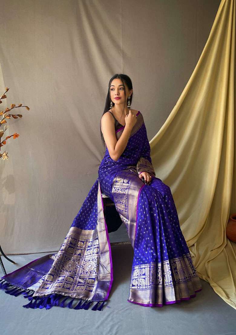 Blue Zari Woven Silk Saree Set for Diwali | Wedding & Festive Wear - Indya