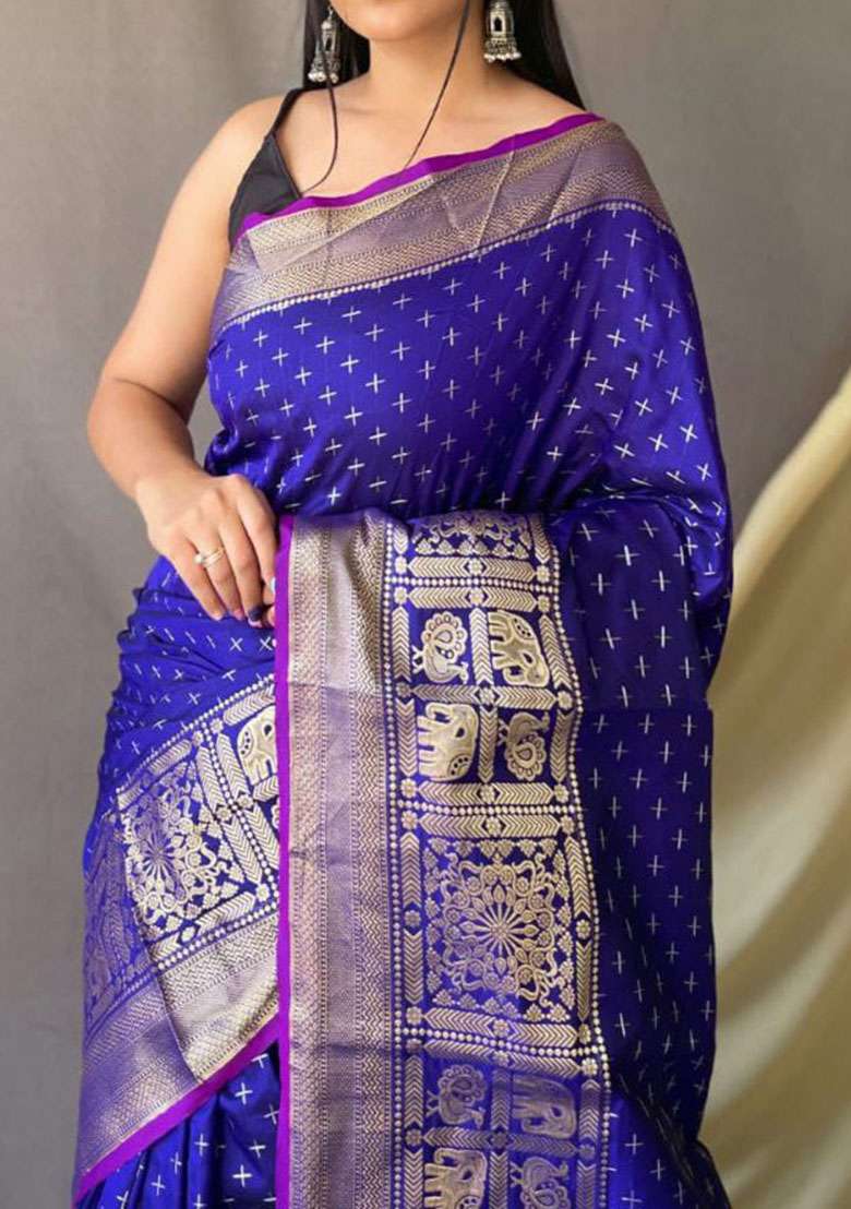 Blue Zari Woven Silk Saree Set for Diwali | Wedding & Festive Wear - Indya