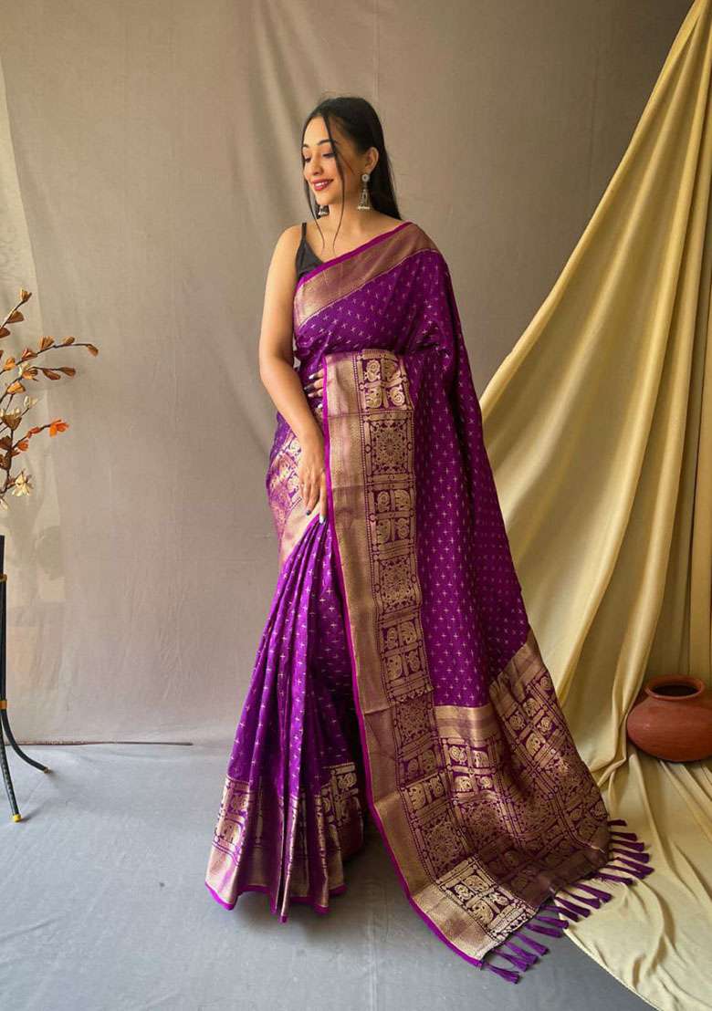 Purple Zari Woven Silk Saree Set for Diwali and Festive Wear - Indya